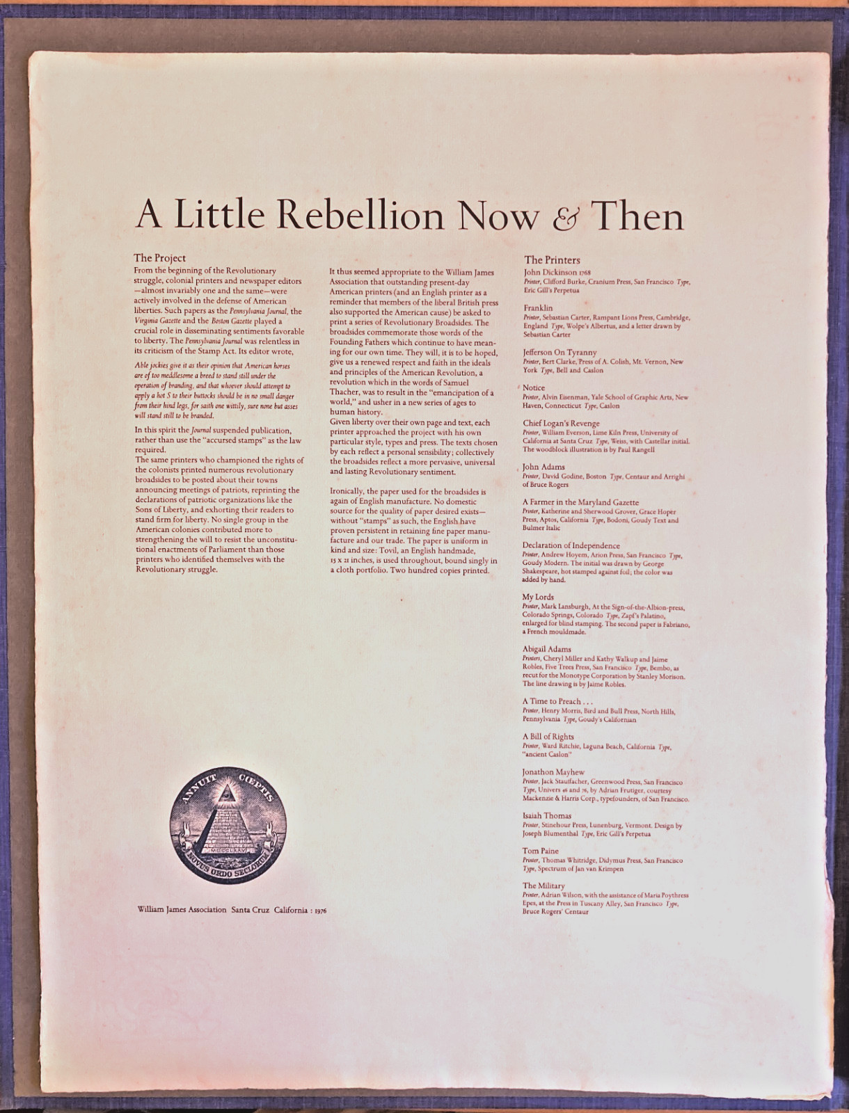 [Fine Press] A Little Rebellion Now & Then. Santa Cruz: 1976. 1/200.