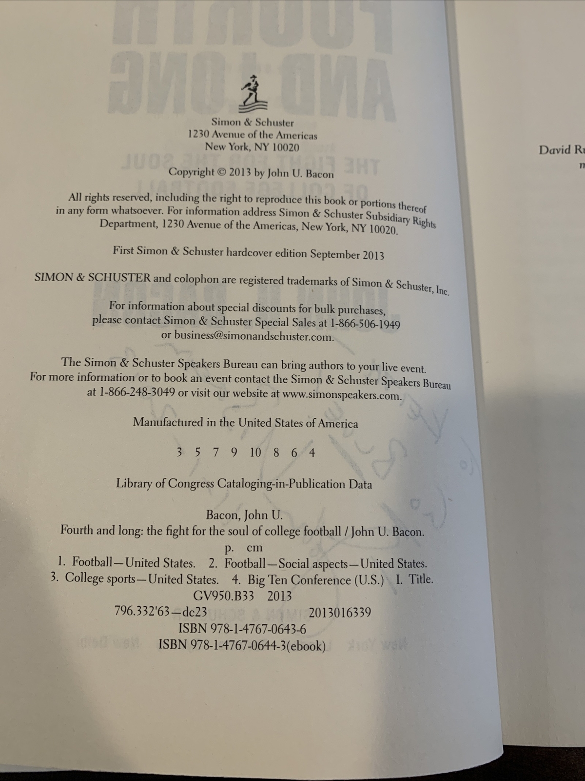 SIGNED Fourth And Long: THE FIGHT FOR THE SOUL OF COLLEGE By John U. Bacon –