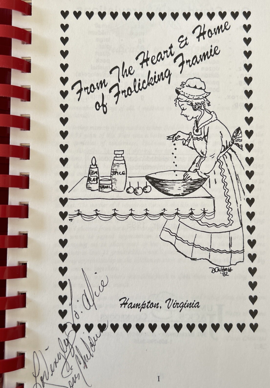 From the Heart and Home of Frolicking Framie Cookbook Signed Doris Childress ’95