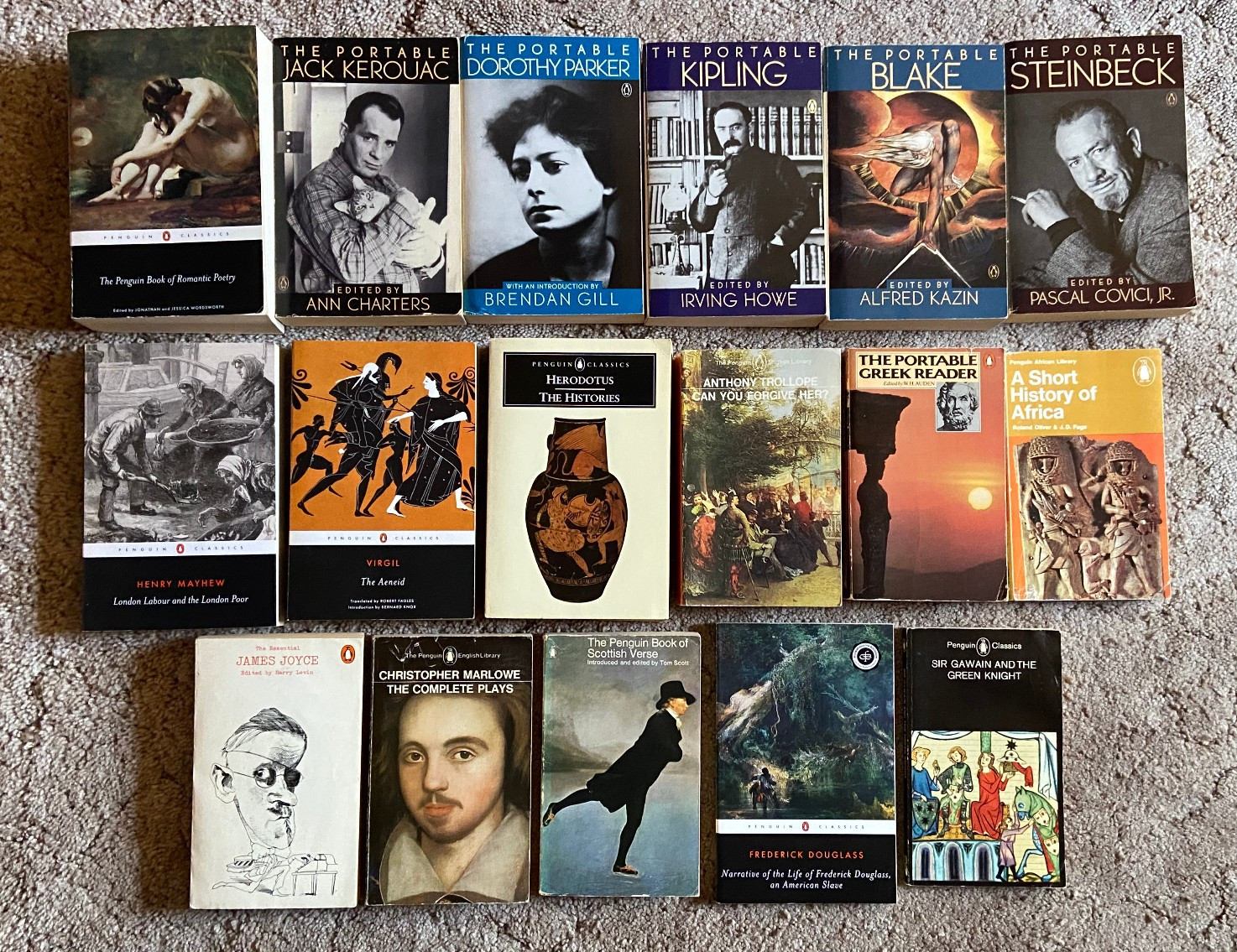 Mixed Lot 17 Penguin Paperback Books: STEINBECK JOYCE KEROUAC BLAKE VIRGIL +++