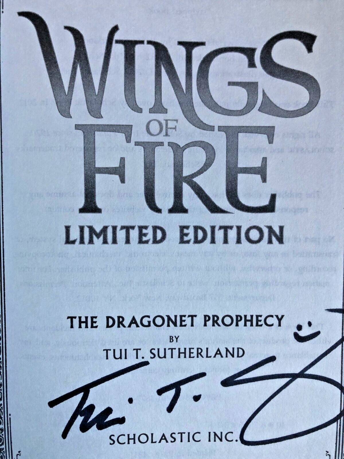 SIGNED The Dragonet Prophecy (Wings of Fire 1) Tui T. Sutherland LIMITED EDITION