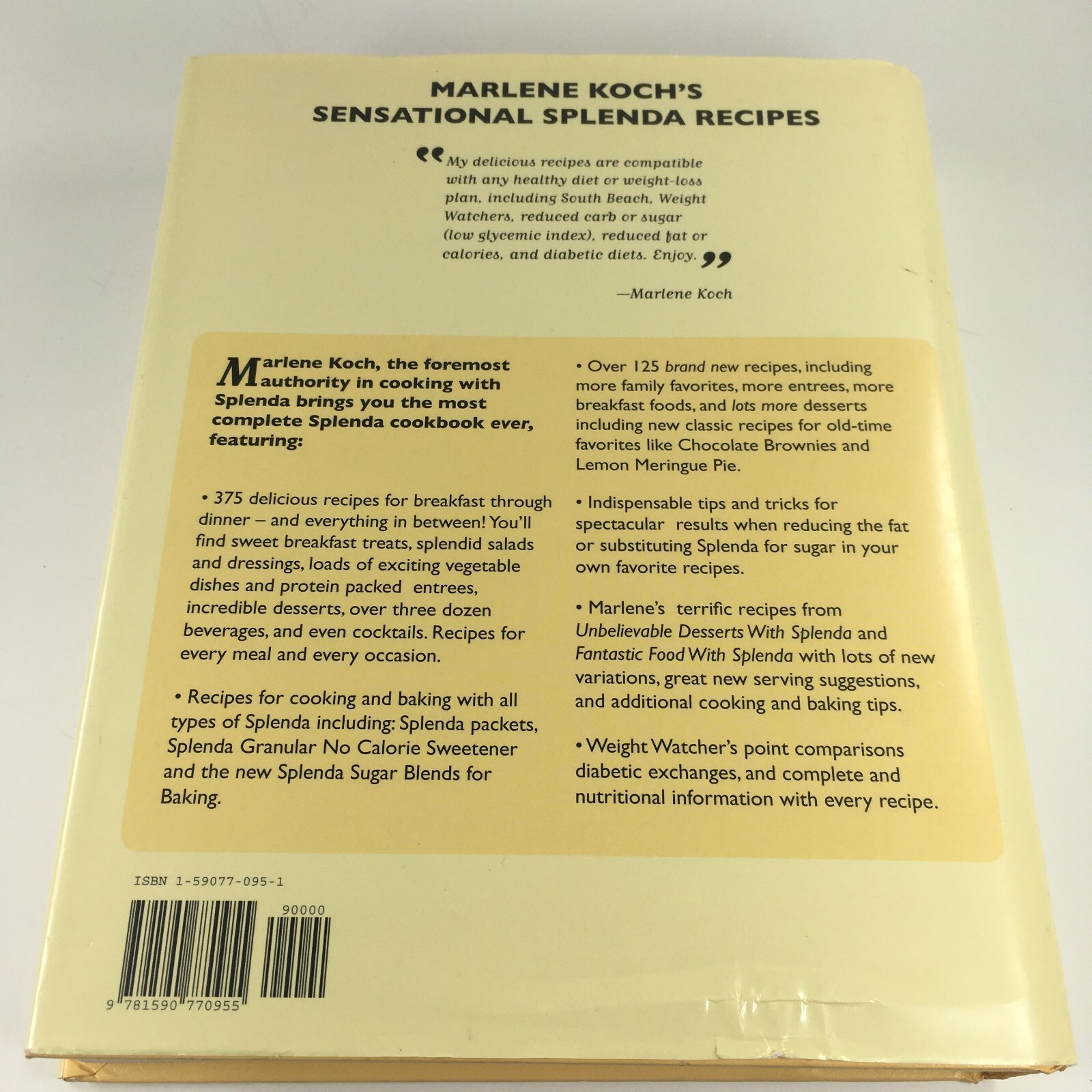 Marlene Koch Sensational Splenda Recipes 2006 Hardcover 375+ Low Sugar Cookbook