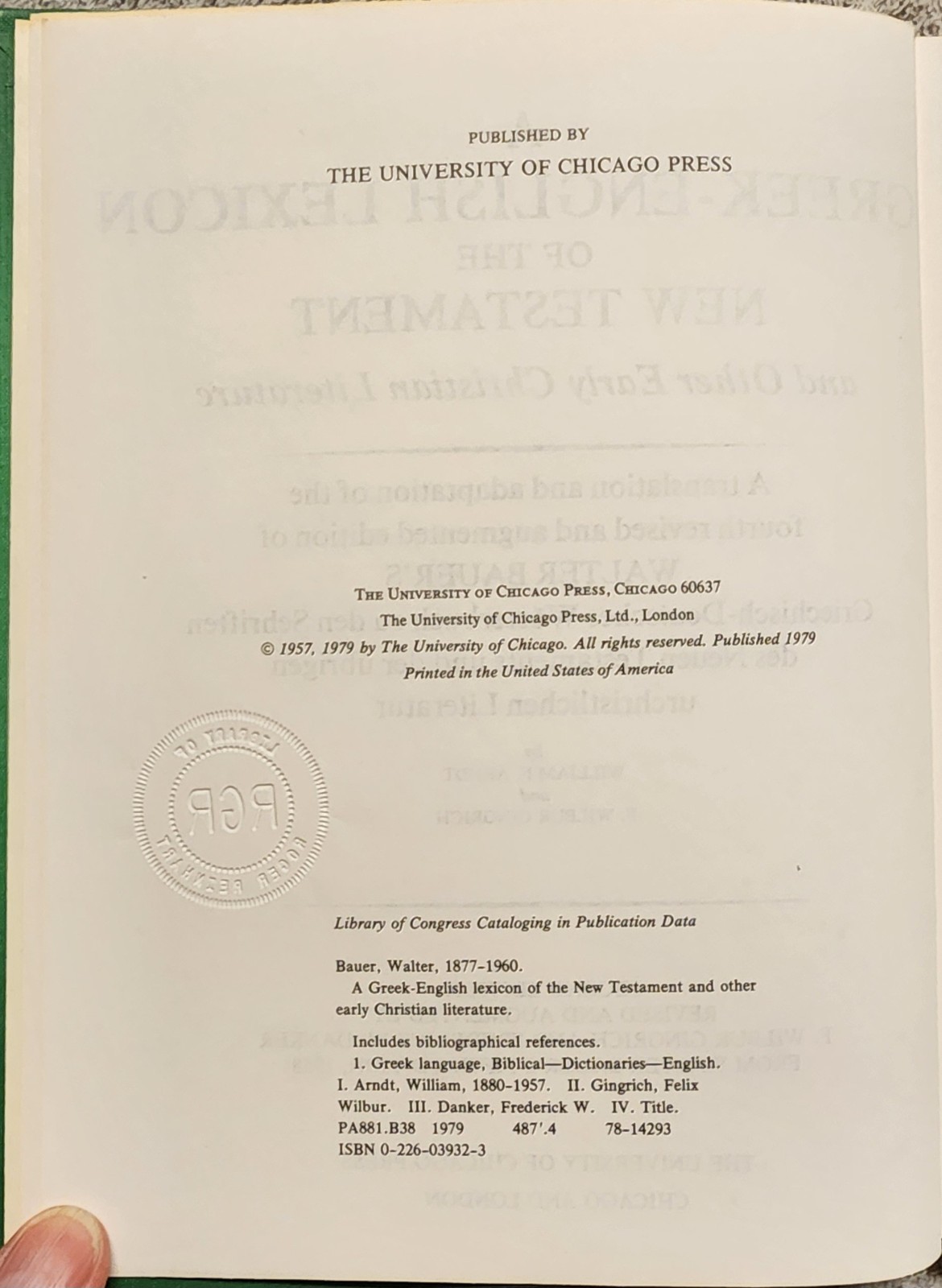 A Greek English Lexicon New Testament Other Early Christian Lit. Walter Bauer