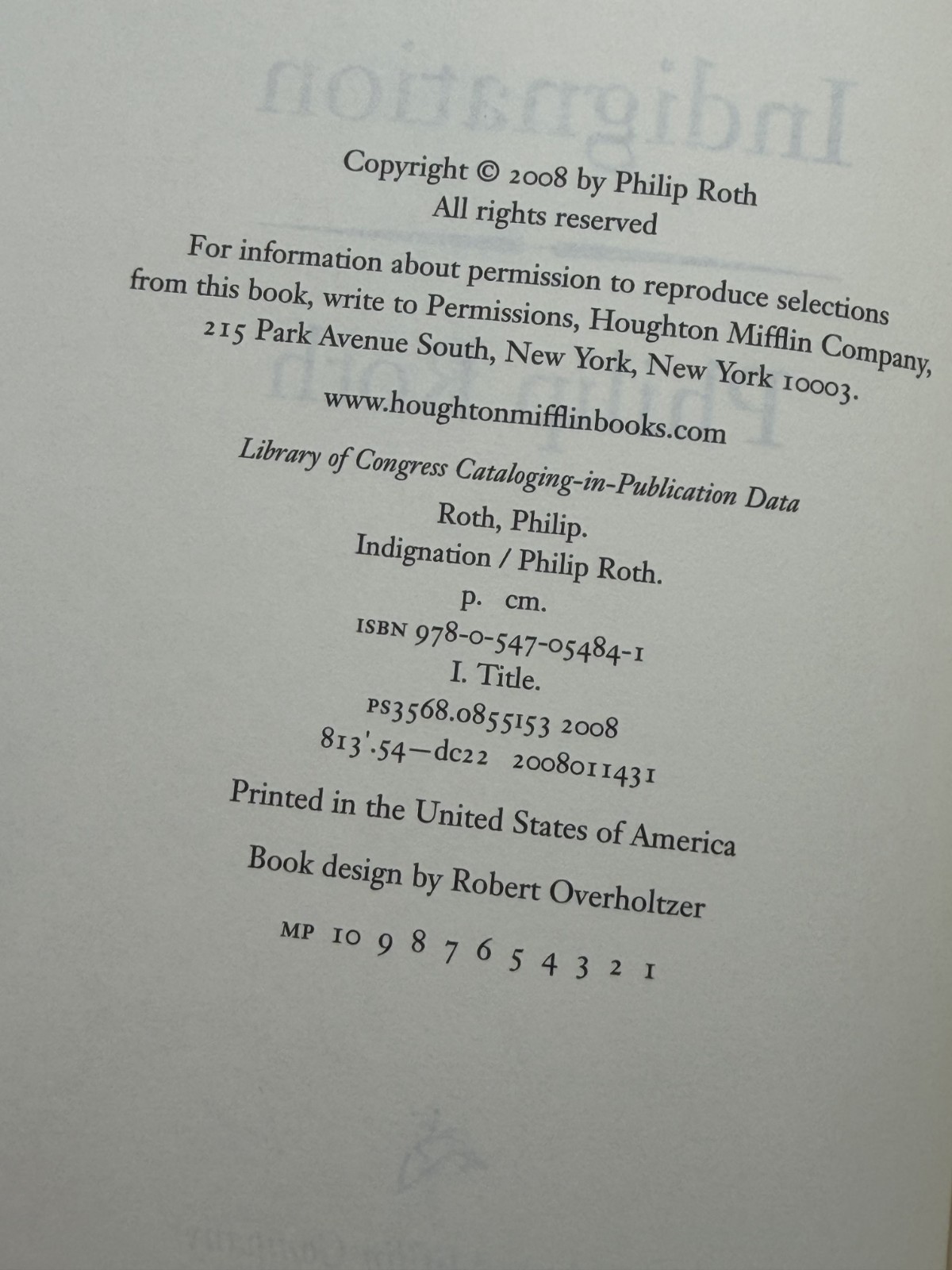 Signed Philip Roth Indignation Hardcover 1st Edition ~ Fine Condition