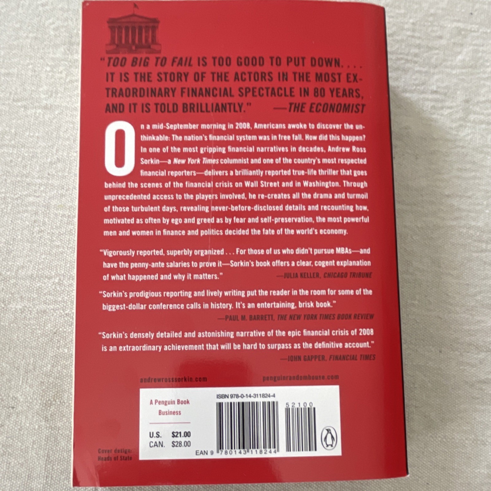 Too Big to Fail by Andrew Ross Sorkin, Penguin Paperback, Banks & Banking