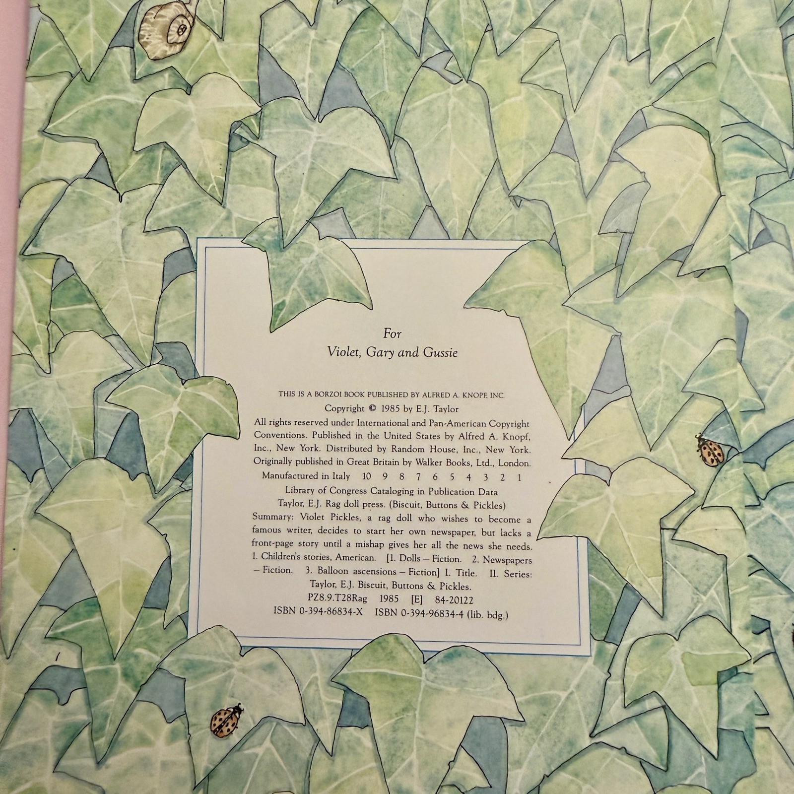 Alfred A Knopf Rag Doll Press Kids Book Green Excellent 1985 E.J. Taylor Vintage
