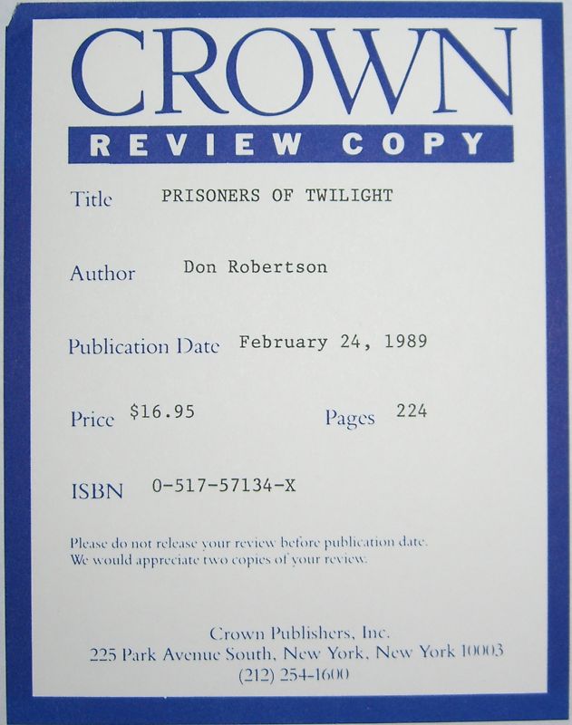 Don Robertson Prisoners of Twilight Reviewers Copy