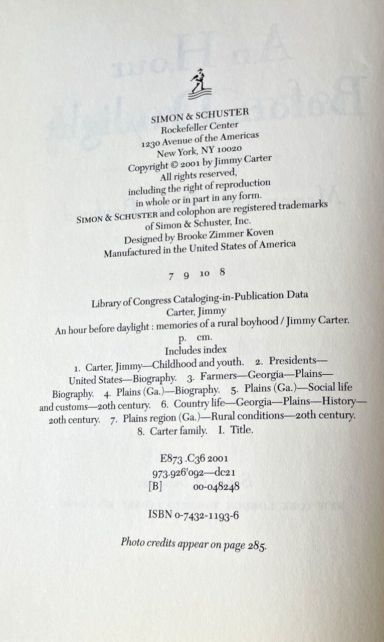 An Hour Before Daylight Memories of a Rural Boyhood Jimmy Carter Biography HC