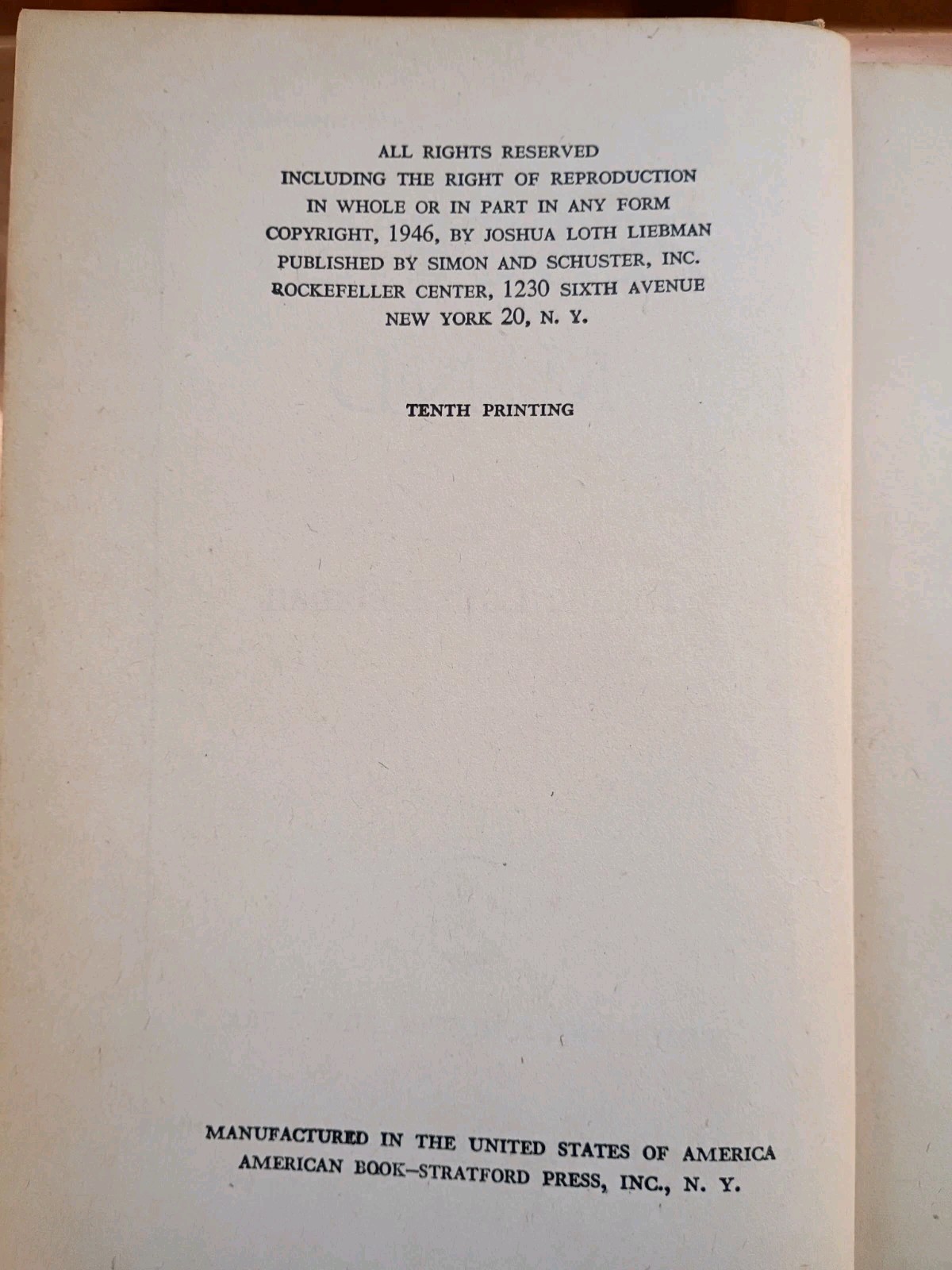 Peace of Mind by Joshua Loth Liebman (1946, HC No DJ) 10th Printing – Inscribed