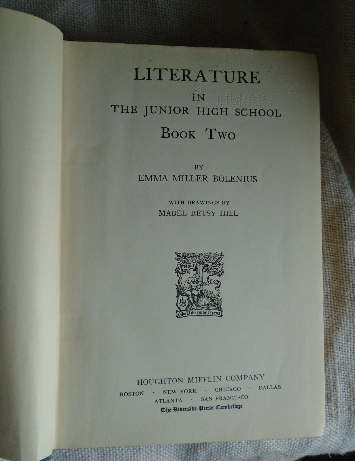 Literature in the Junior High School Book Two 1933 Hardcover Bolenius