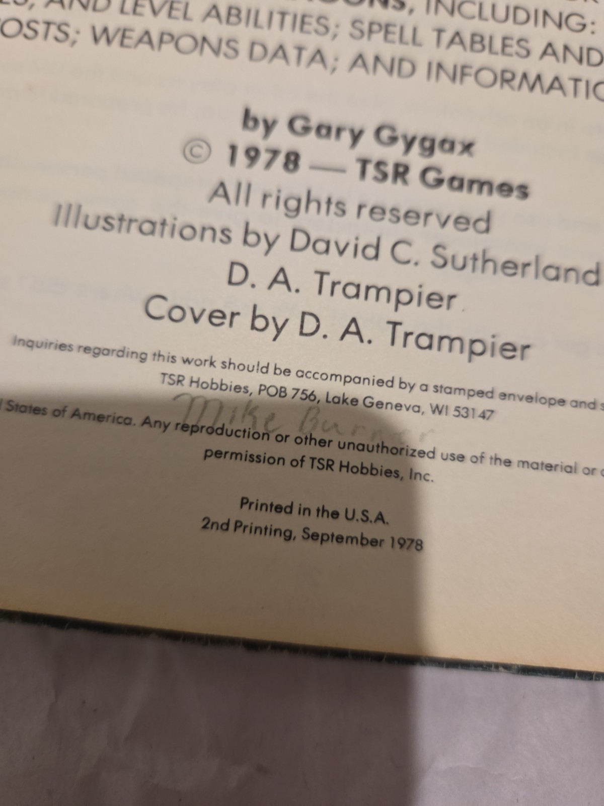 AD&D 2nd Printing PHB Players Handbook Gary Gygax ORIGINAL