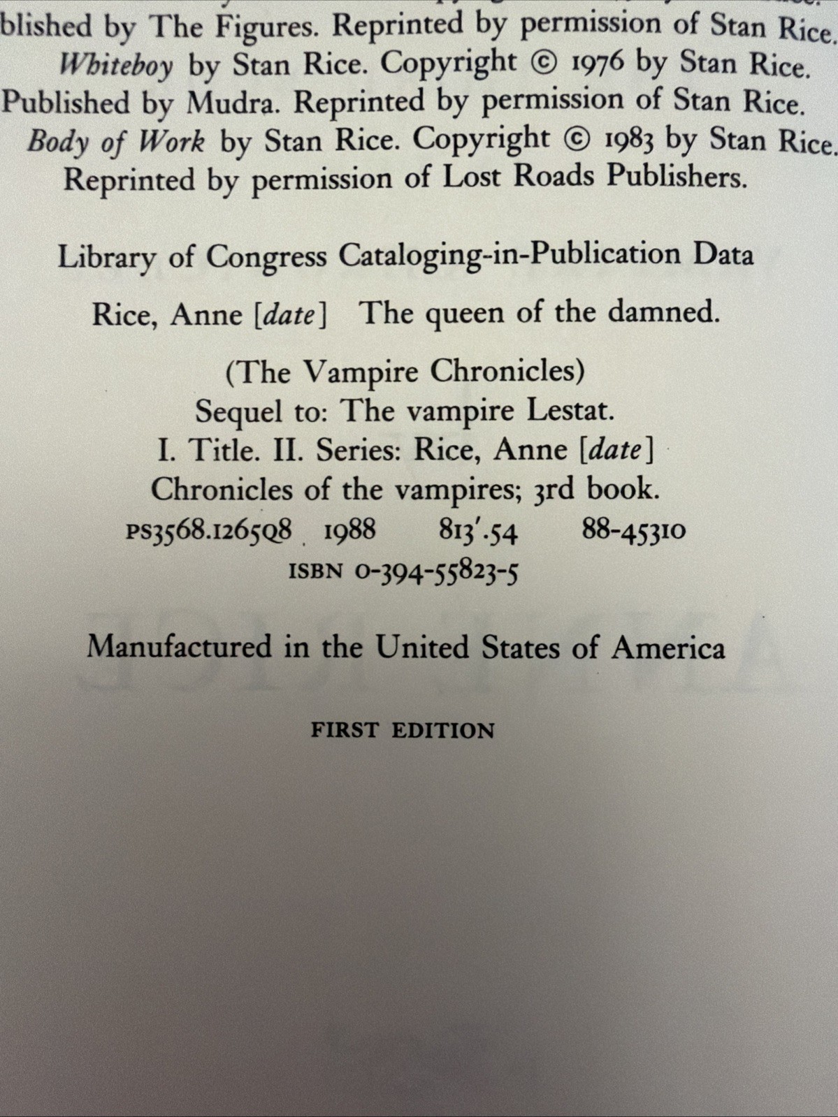 The Vampire Chronicles: The Queen of the Damned by Anne Rice First Edition 1988