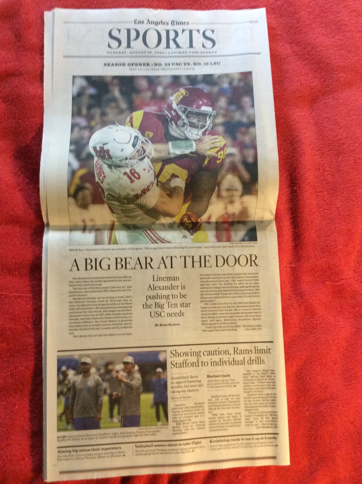 LA TIMES SPORTS SECTION AUGUST 20 2024 USC BEAR ALEXANDER RAMS MATTHEW STAFFORD