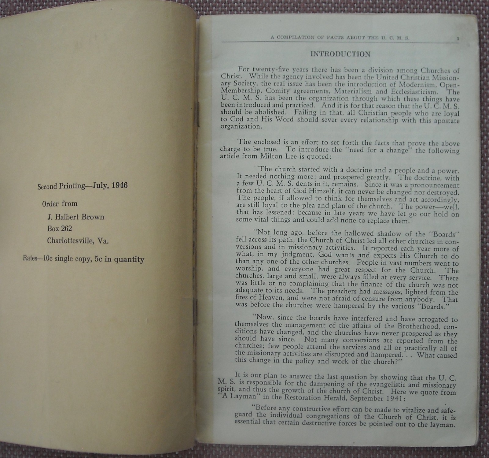 A COMPILATION OF FACTS ABOUT THE UCMS ~ HALBERT BROWN ~ CHURCH OF CHRIST ~ RARE!