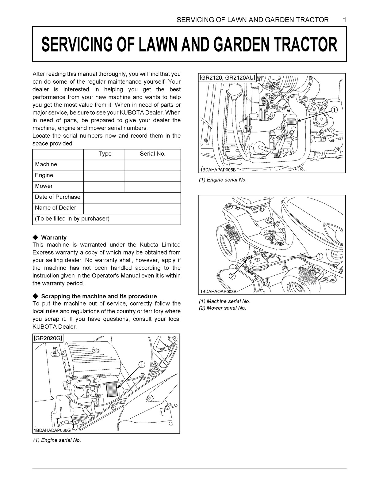 KUBOTA GR2020G GR2120 GR2120AU Operators Manual 2020 – BOUND – COVERS – FOLDOUTS