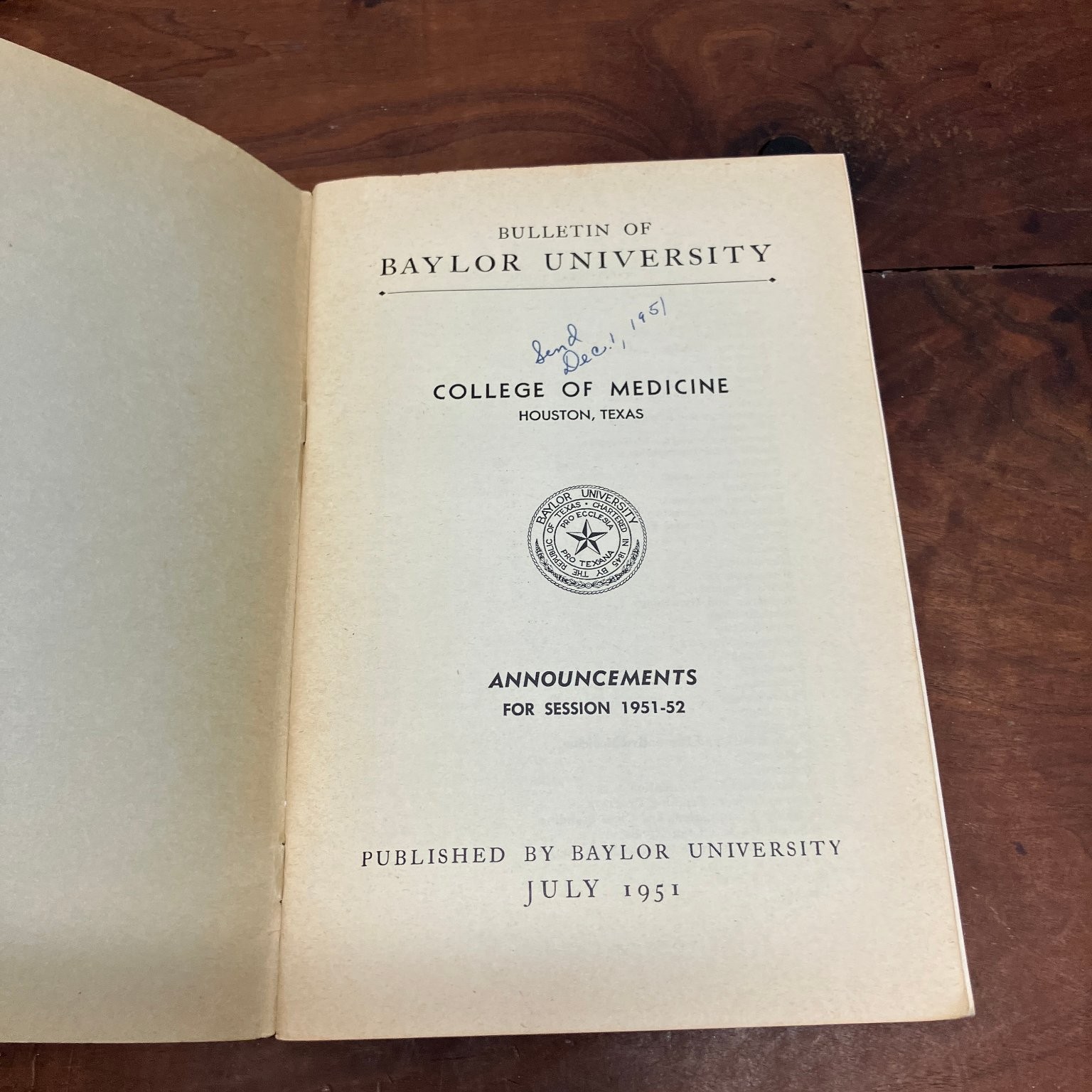 Baylor University College of Medicine Bulletin 1951-52 Announcements Medical
