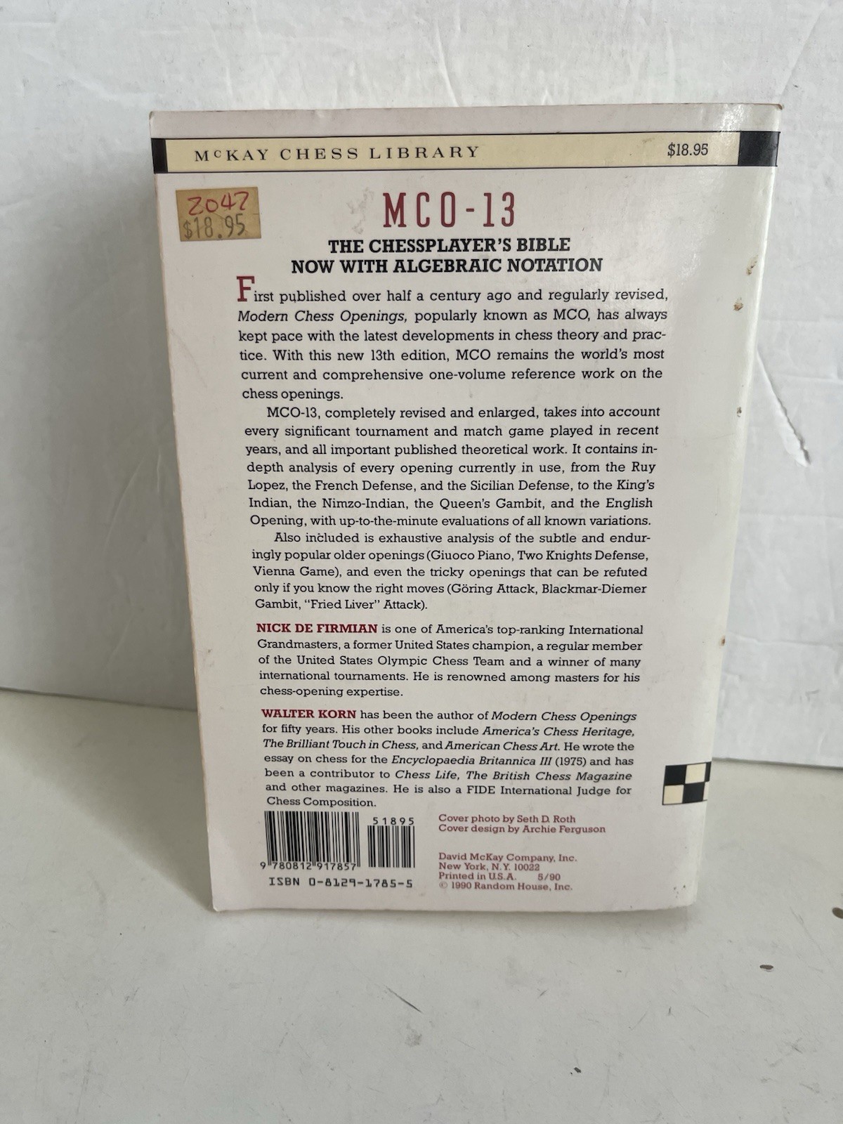 Modern Chess Openings by Nick Defirmian 1990 Trade Paperback 13th Edition
