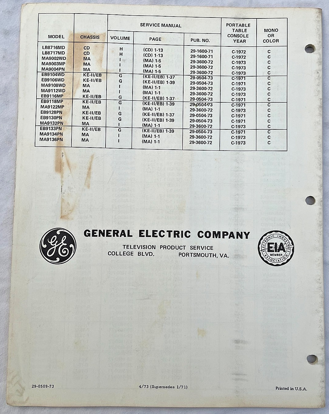 GE General Electric Television Master Model Index 1961-1973 Vintage Original