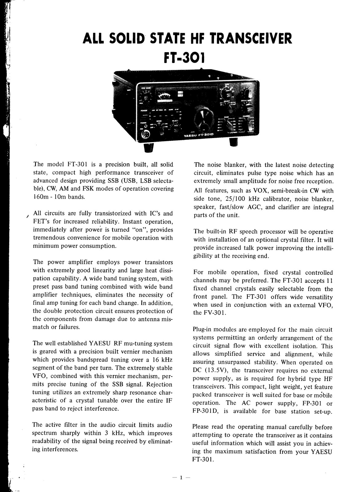YAESU FT-301 Instruction And Service Manual – STEEL WIRE BOUND – TOUGH COVERS