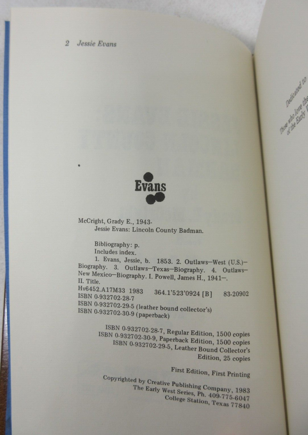 SIGNED LIMITED ED „JESSIE EVANS: LINCOLN COUNTY BADMAN“ McCright Powell Leather