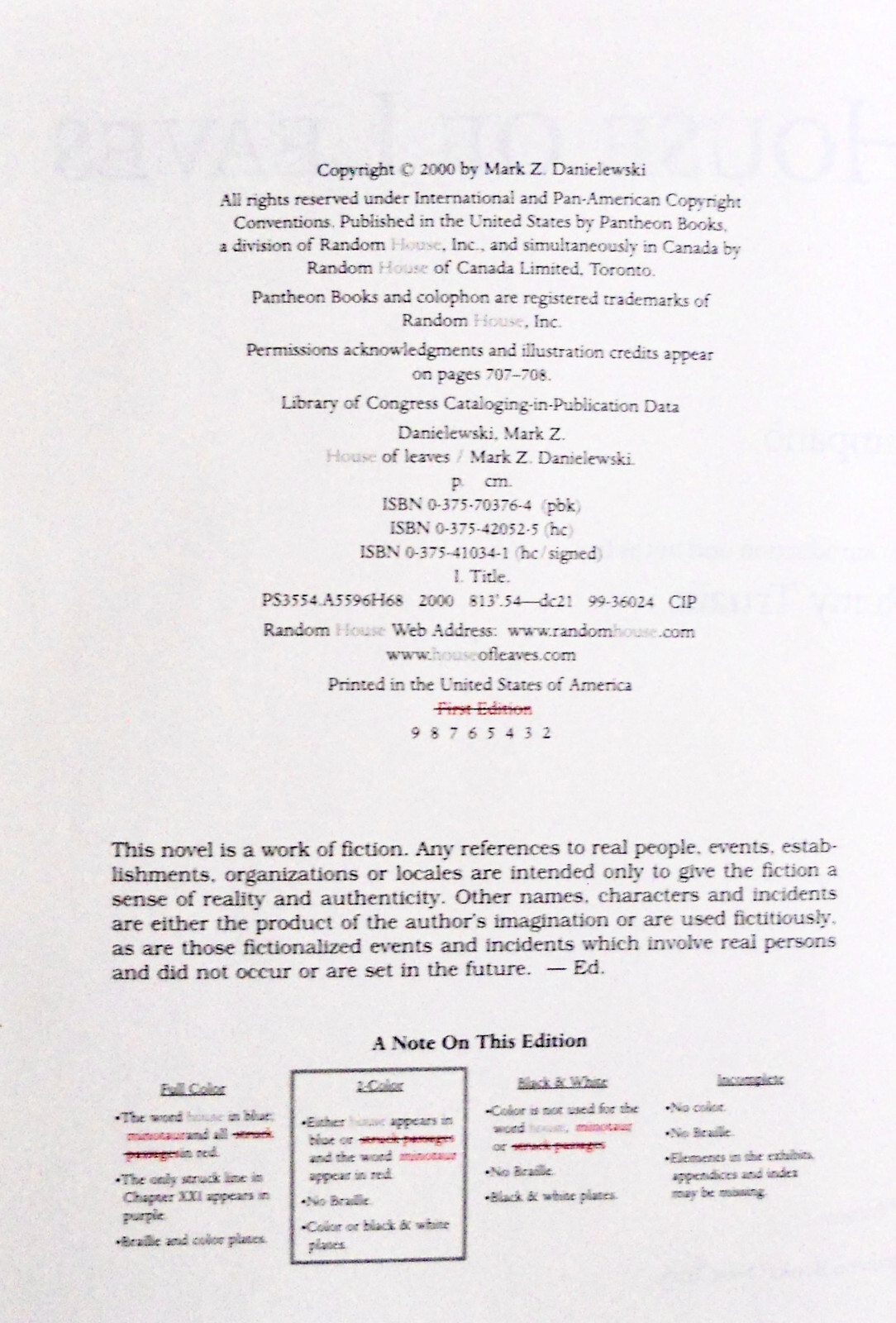 Mark Z. Danielewski. HOUSE OF LEAVES. Pantheon, 2000. 1st/2nd HC/DJ. Signed!