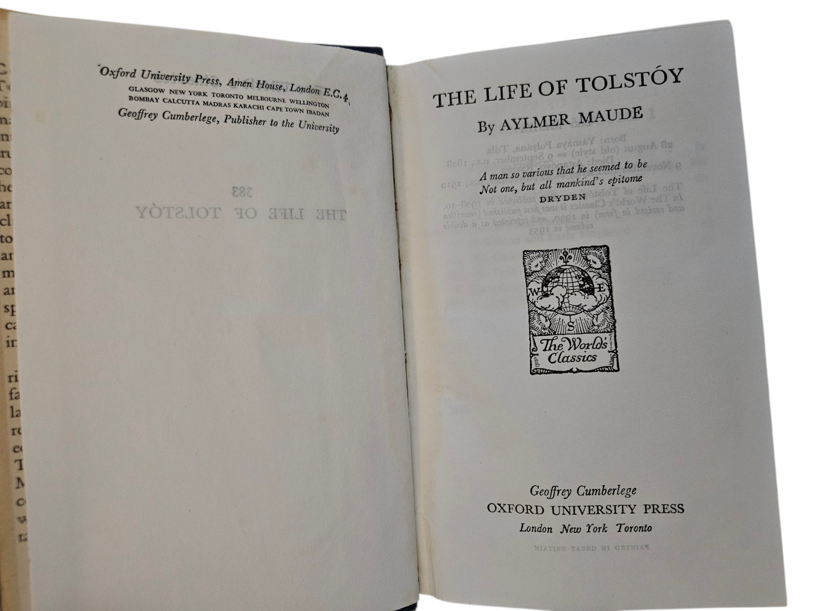 Vintage The Life of Leo Tolstoy Aylmer Maude 383 World’s Classics Oxford HC 1953