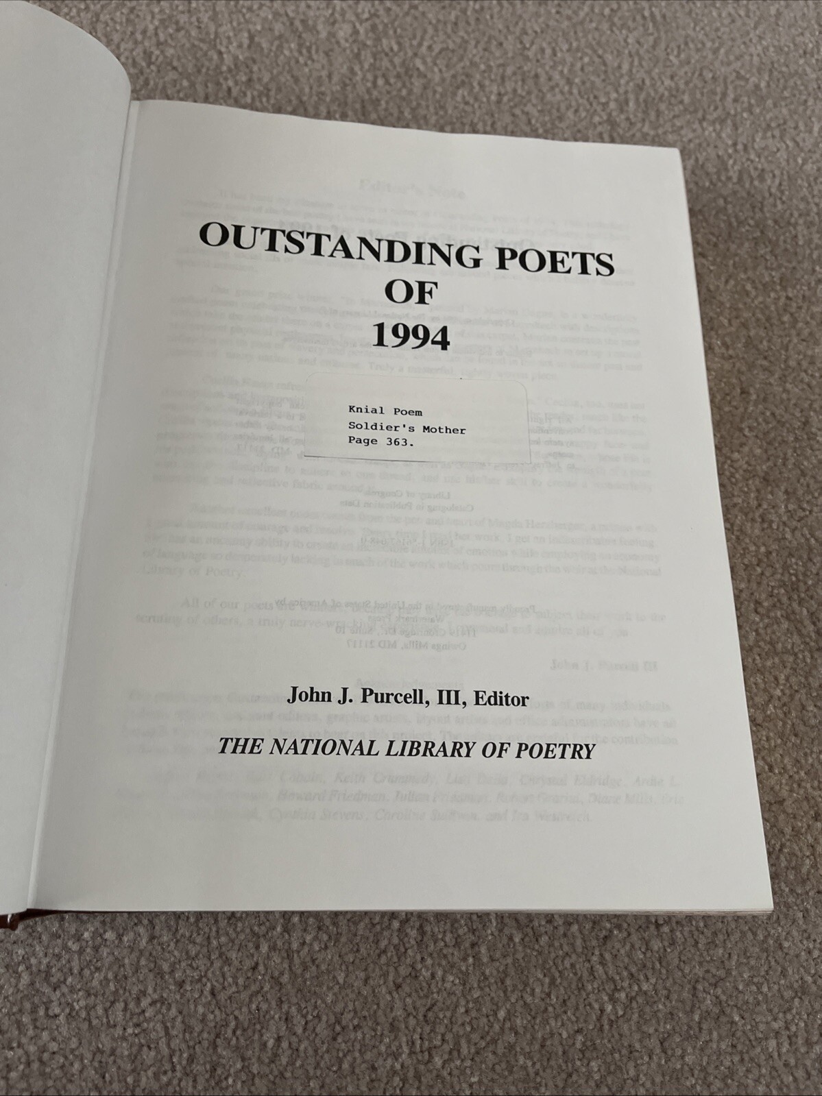 Outstanding Poets of 1994 The National Library of Poetry Edited by John Purcell