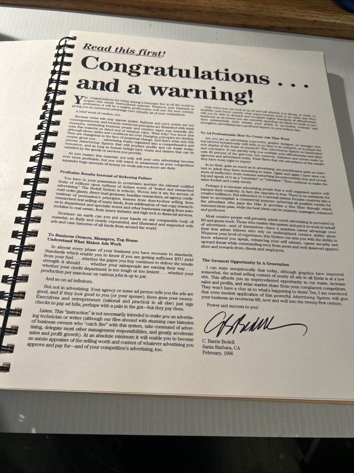 ADVERTISING MASTERY by Clyde Bedell – C. 1996 Lrg. Format – Spiral Bound RARE!!!