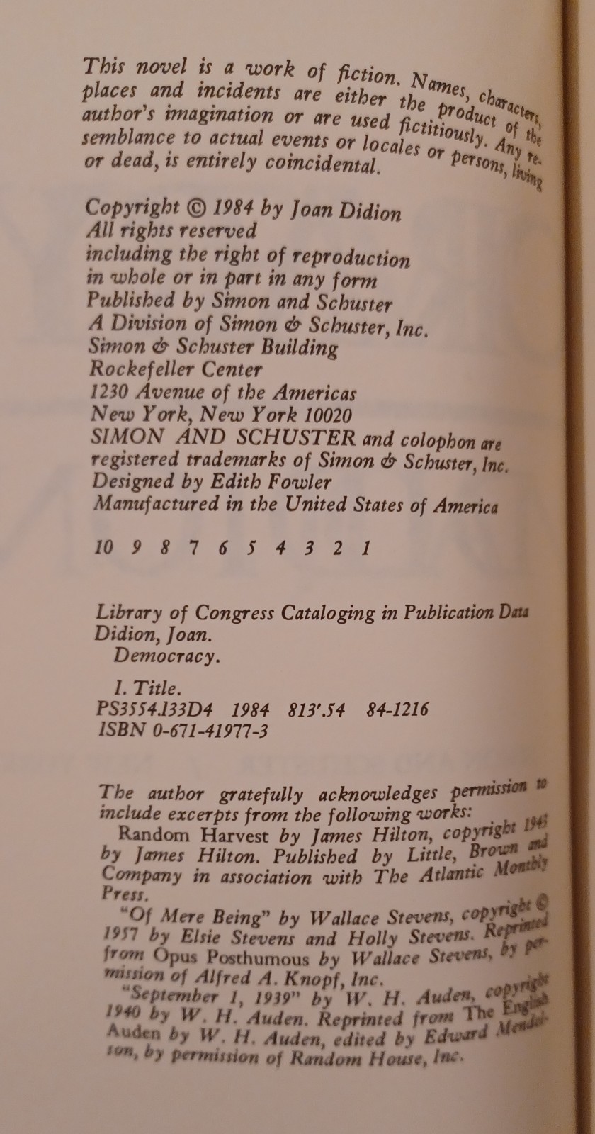 Joan Didion, Democracy. First Edition, First Printing Hardcover. Nice.