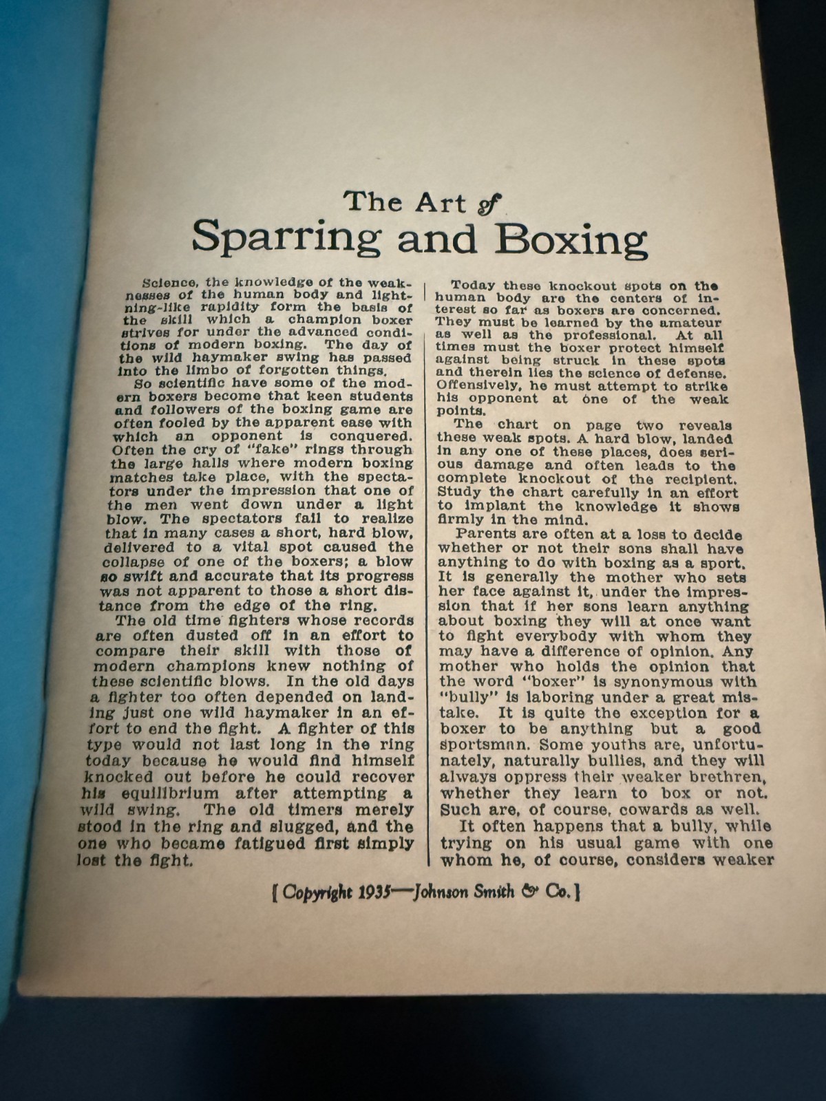 The Art of Sparring and Boxing Johnson & Smith Company Manual Pamphlet 1935