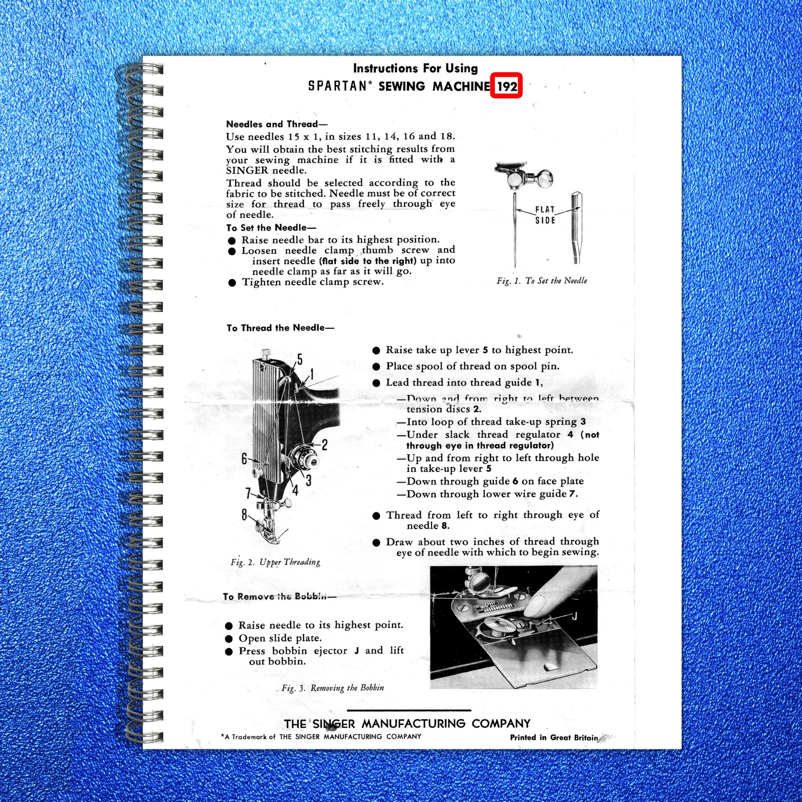 SINGER 192 Spartan Sewing Machine User Manual – STEEL WIRE BOUND – TOUGH COVERS