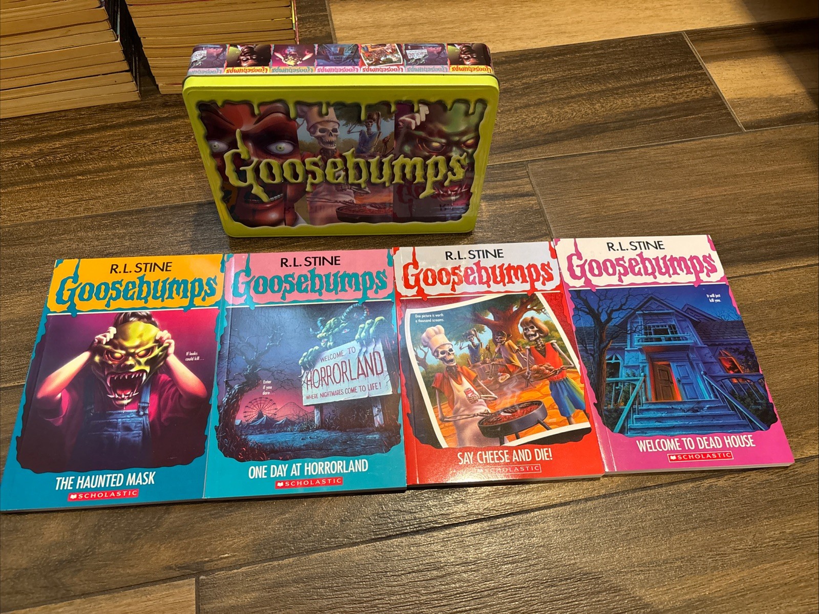 VTG Lot Of R.L. Stine Goosebumps Books- 49 Books,VHS, Postcards Bookmarks, Decal