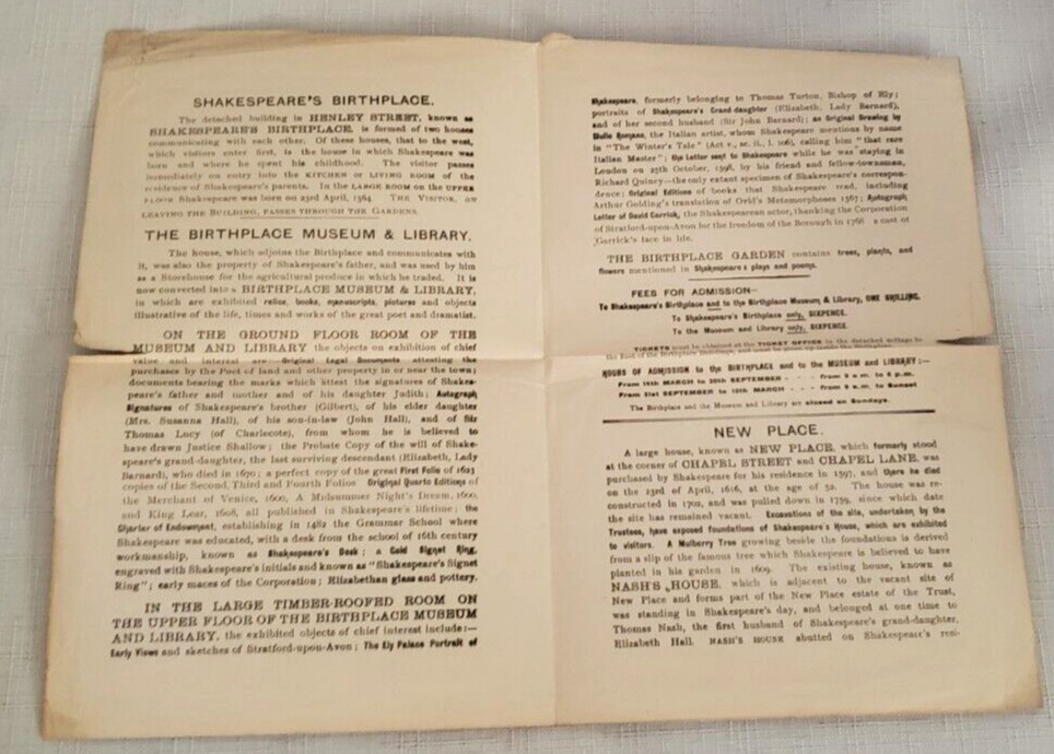 1910 CATALOGUE OF SHAKESPEARE BIRTHPLACE,Art,History, BIRTHPLACE Pamphlet/Ticket