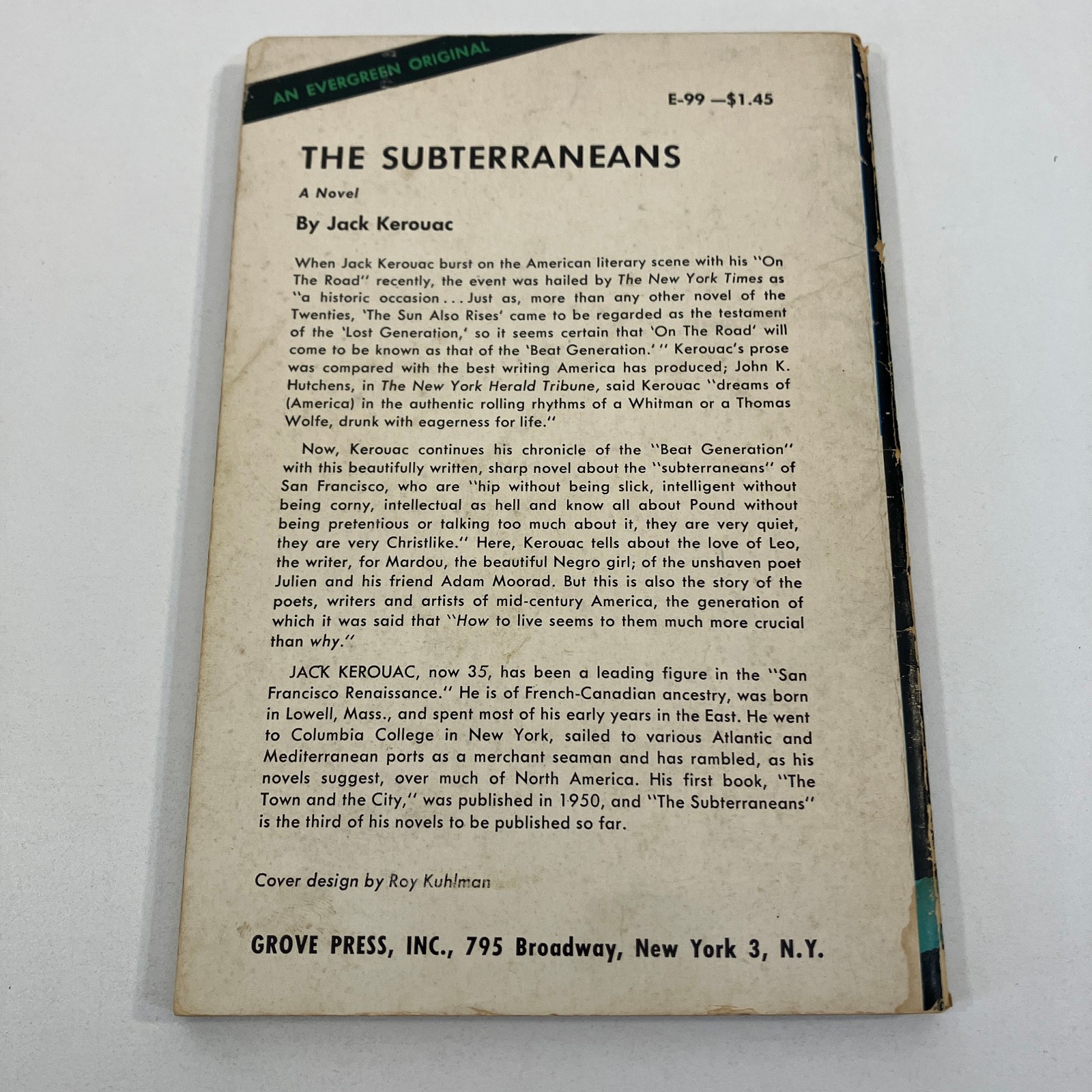 The Subterraneans Jack Kerouac Grove Evergreen Edition 1958 VTG PB 2nd Printing