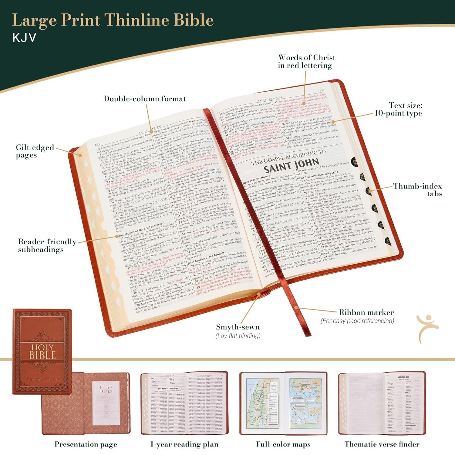 The Holy Bible King James Version LARGE PRINT Thumb Indexed Edition / TAN Faux L