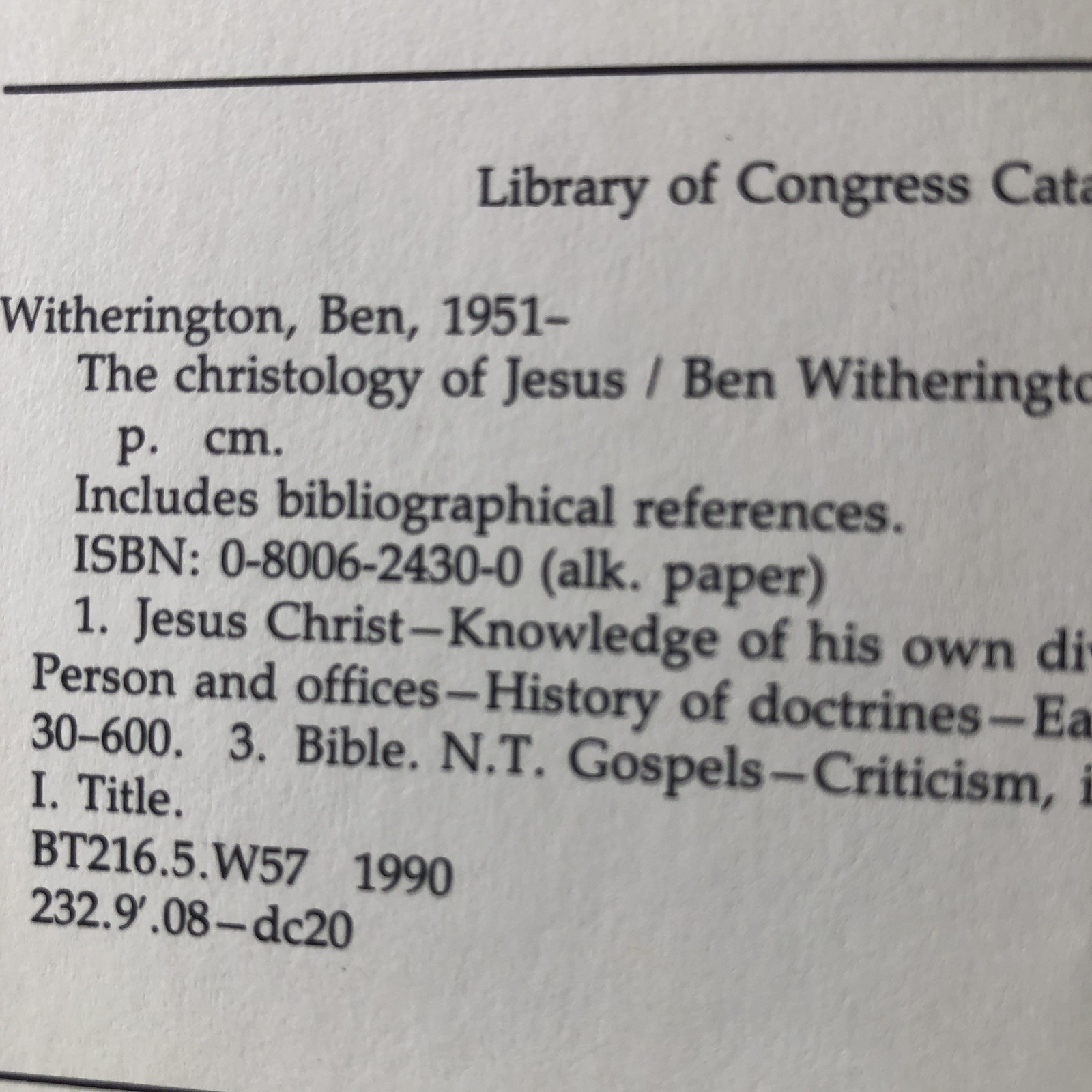 The Christology of Jesus, Ben Witherington III, 1990 Hardcover Book