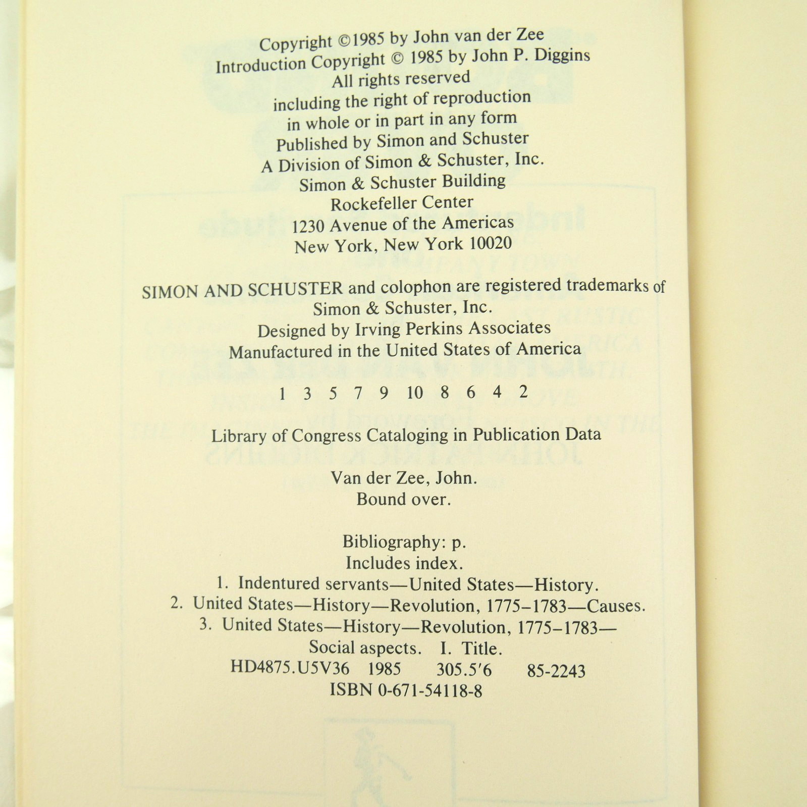 Bound Over Indentured Servitude History John Van Der Zee 1985 HC DJ First Ed