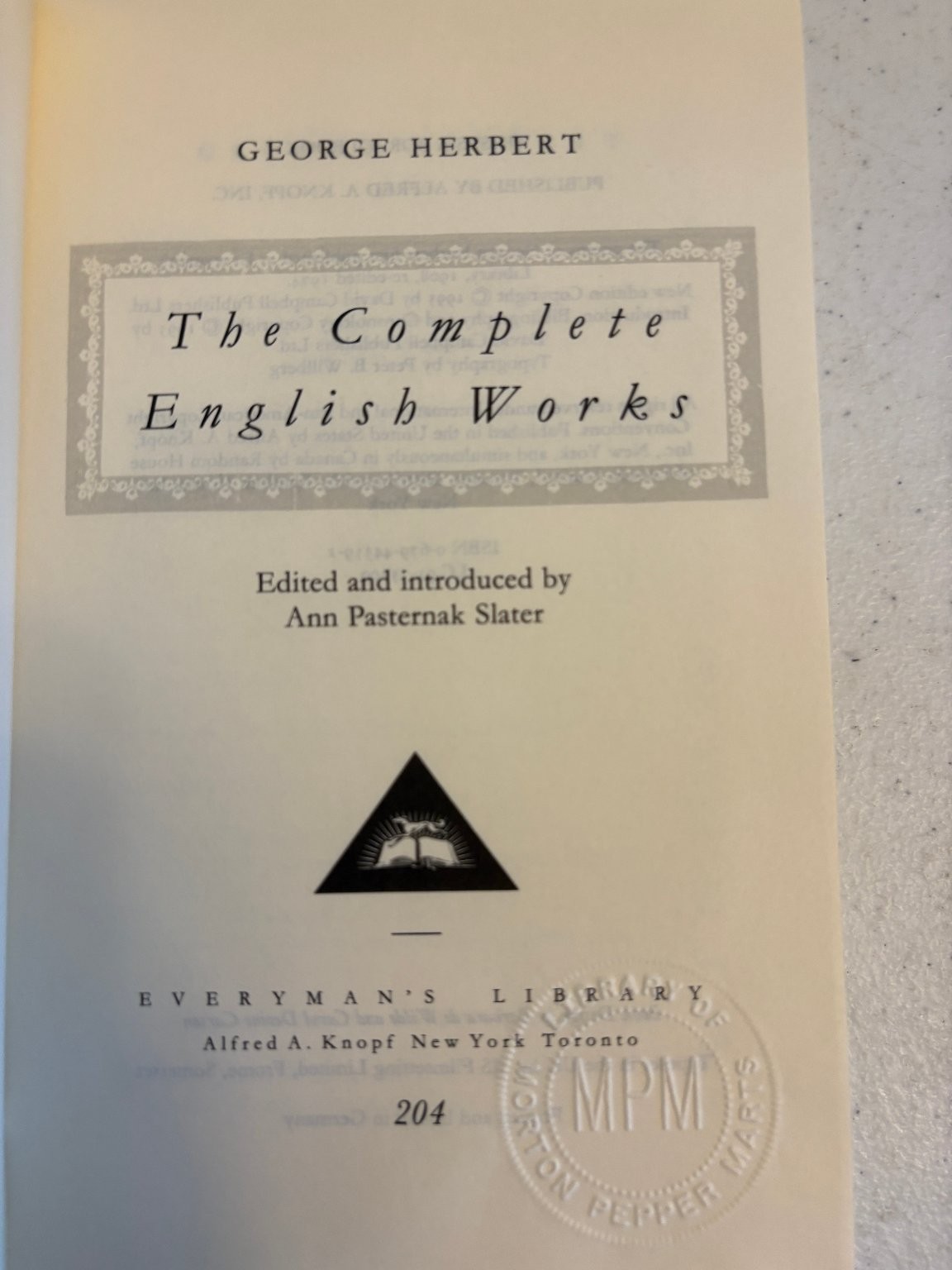 The Complete English Works George Herbert Everyman’s Library Knopf Poetry