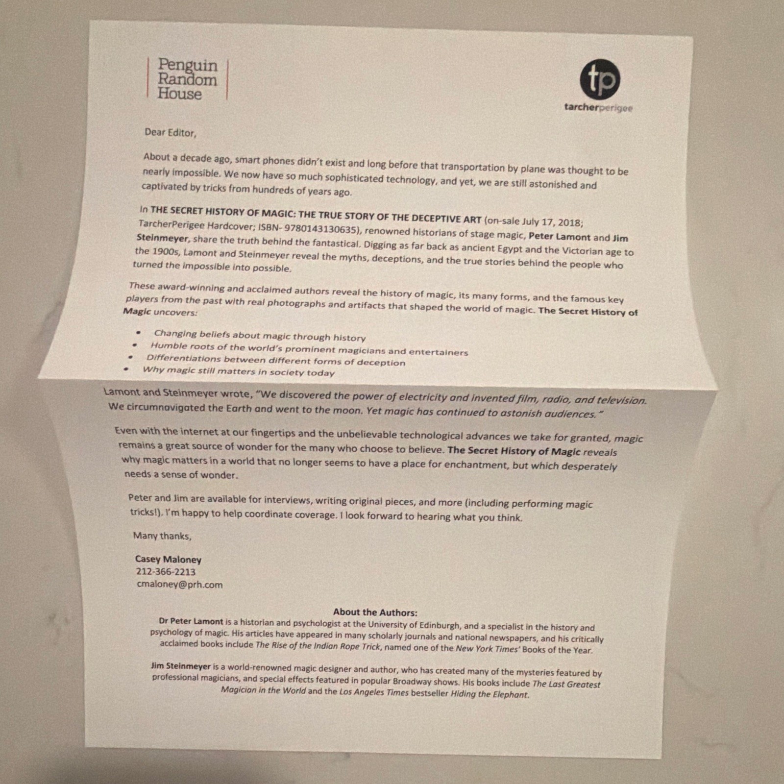 Jim Steinmeyer & Peter Lamont Secret History of Magic w/ Letter to Editor NEW