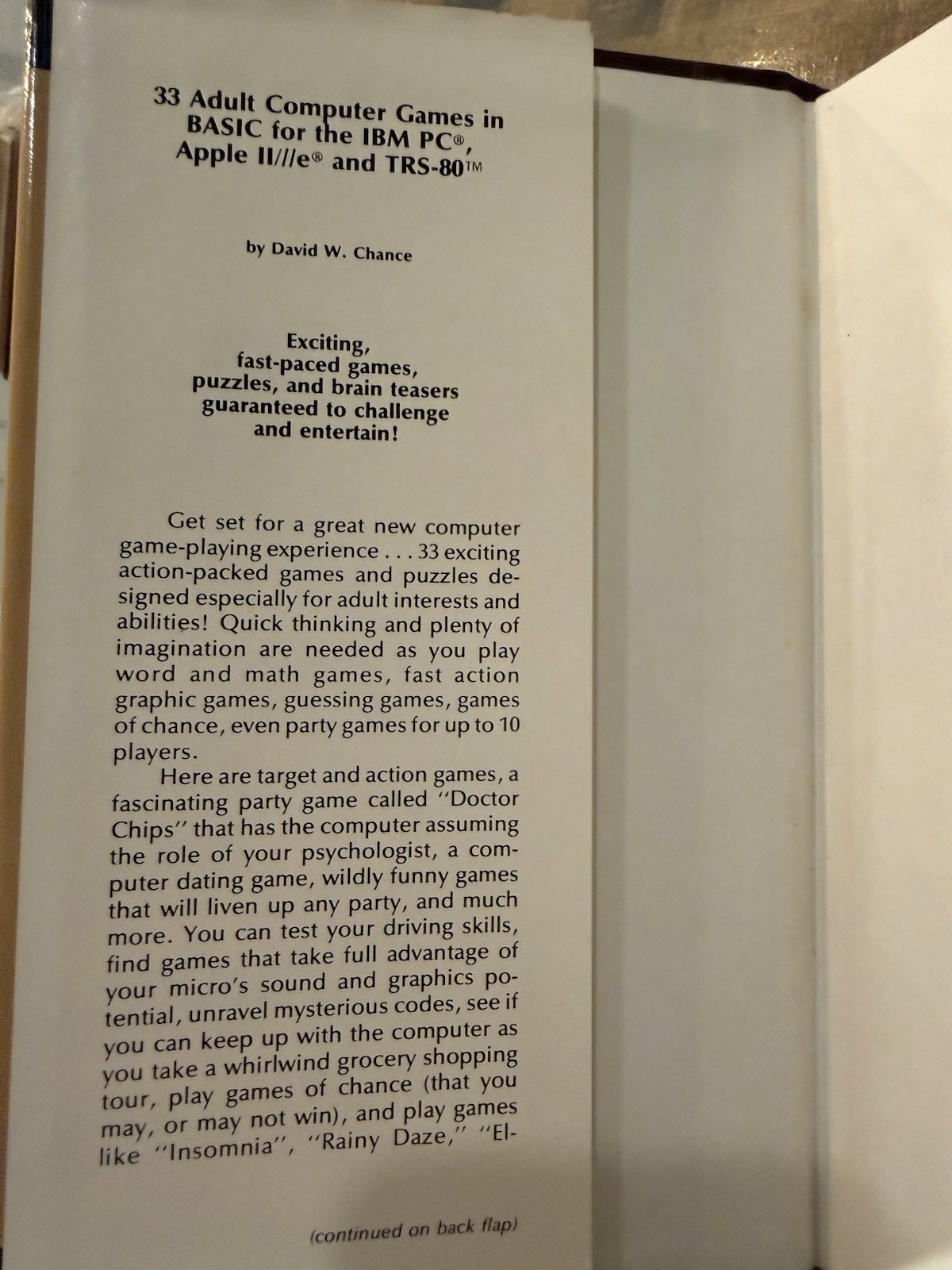 33 ADULT COMPUTER GAMES IN BASIC FOR THE IBM PC, APPLE By David Chance