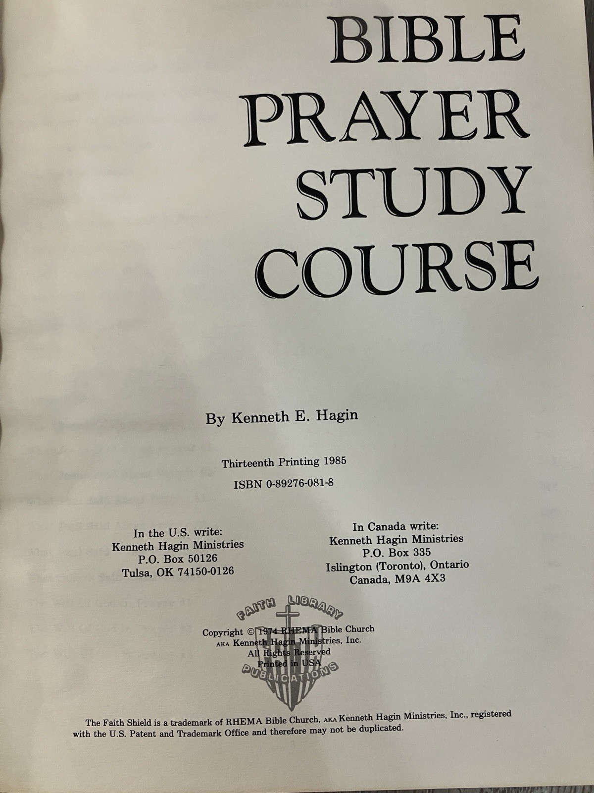 Bible Prayer Study Course Kenneth E. Hagin Guide Book 1987 Vintage Christian Vtg