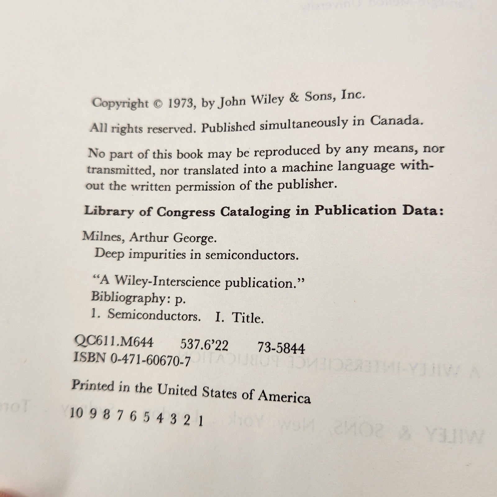 1973 HC Deep impurities in Semiconductors by Milnes, A.G. Book