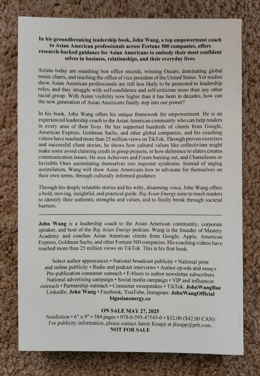 Big Asian Energy by John Wang (5/27/25, Paperback, Uncorrected Proof ARC)