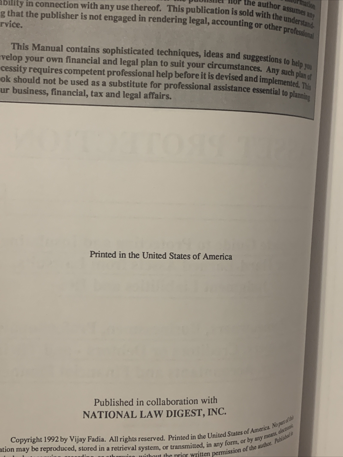 1992-93 Lawsuit and Asset Protection book manual Vijay Fadia 350 pages finance