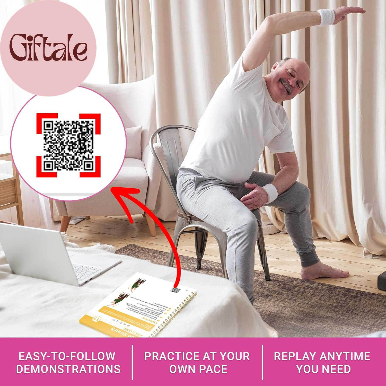 Chair Yoga for Seniors over 60 Book and Chart, 30 Poses with Video Guide, Spiral