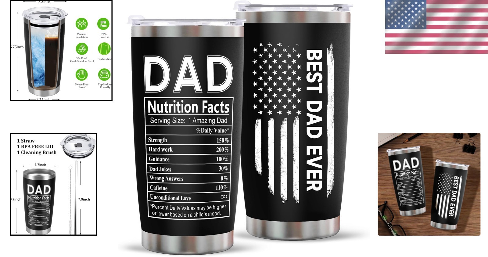 Durable 20oz Stainless Steel Tumbler – Birthday Gifts for Dad with Leakproof Cap