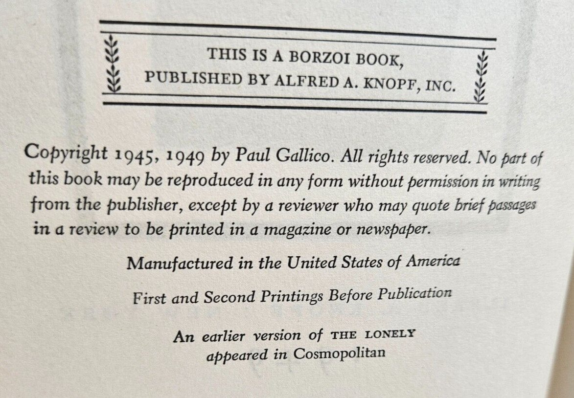The Lonely by Paul Gallico, 1949 Alfred A. Knopf