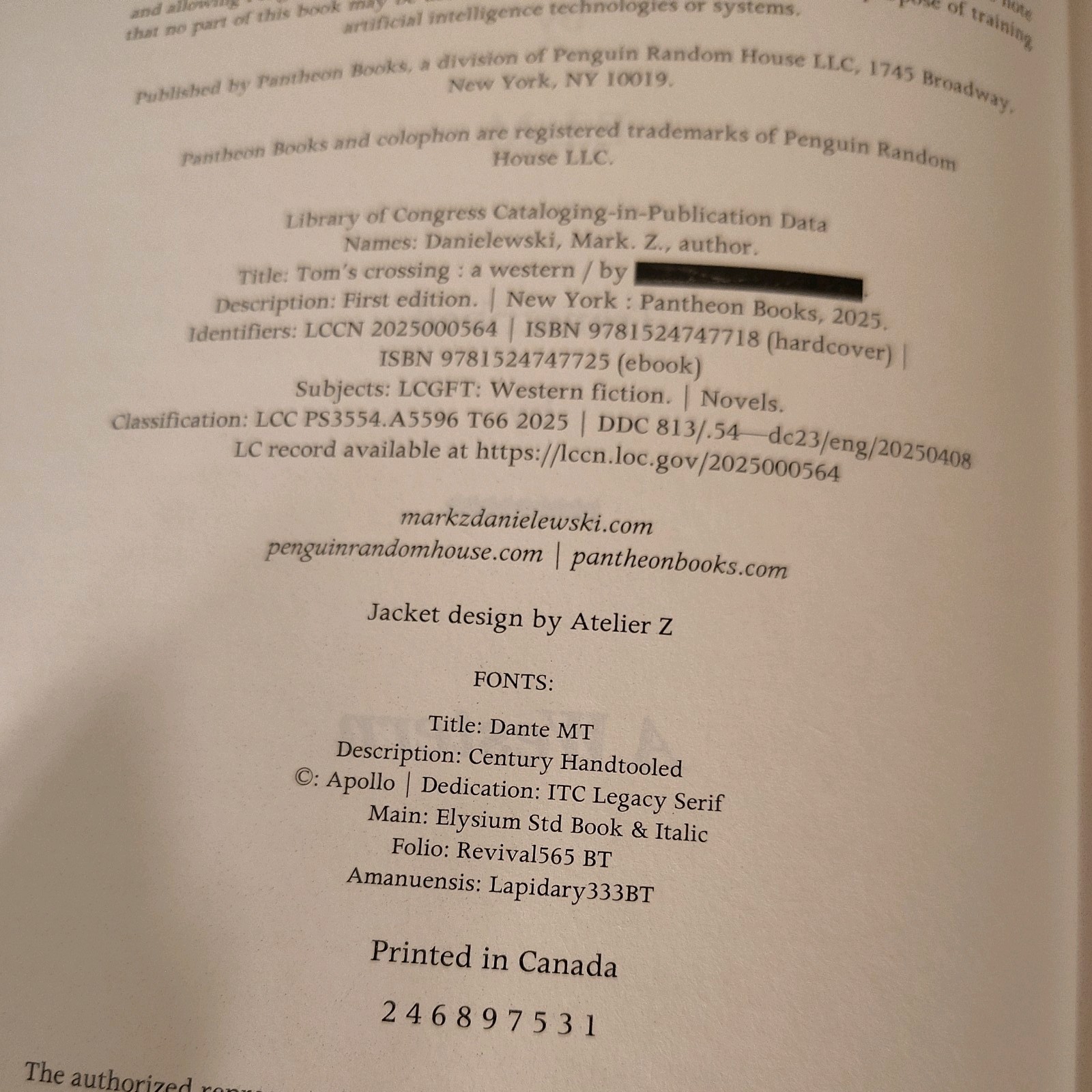 Tom’s Crossing A Novel by Mark Z. Danielewski First Edition Hardcover Damaged DJ