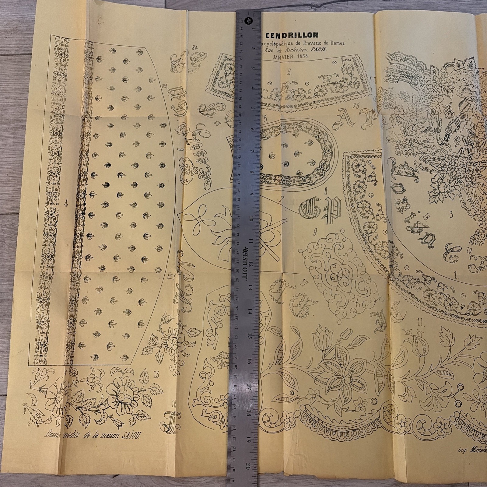 Rare Antique French Embroidery Pattern Sheet – Cendrillon Journal (January 1858)