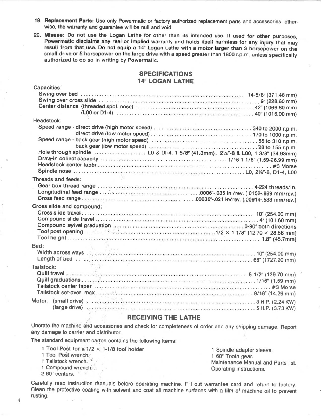 Logan Lathe 14″ Powermatic Maintenance Instructions and Parts List: 56 Pages